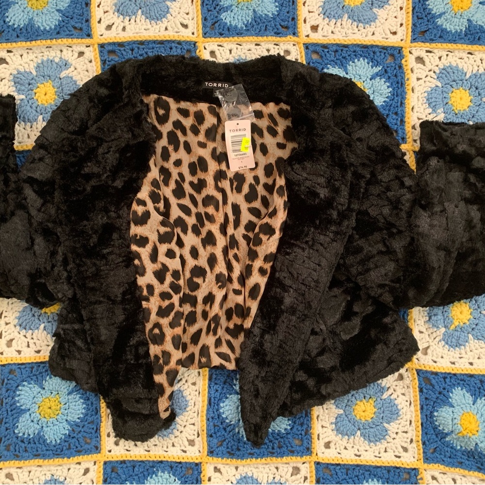 Torrid Black Faux Fur Short Coat with Leopard Print Lining